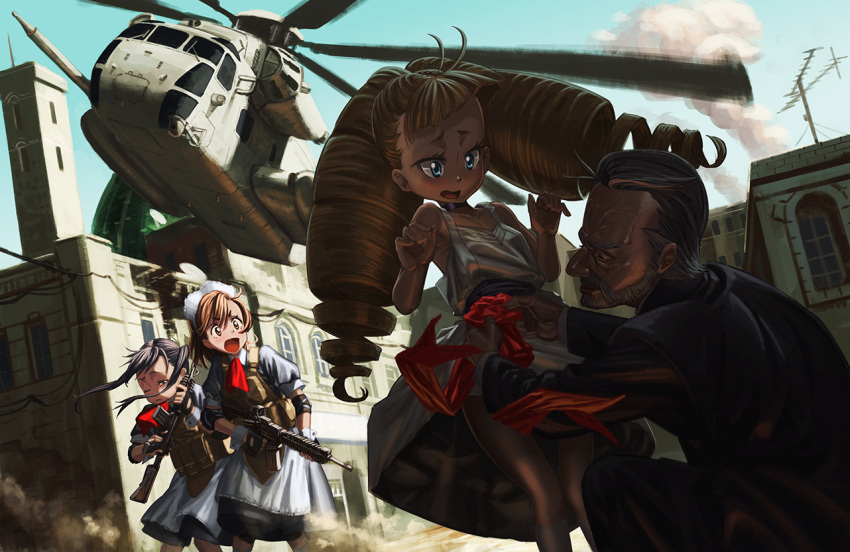 1boy 3girls ahoge aircraft apron armpits ascot assault_rifle beard black_hair blonde_hair blue_eyes brown_eyes brown_hair ch-53 child city closed_eyes commentary dress drill_hair dust dutch_angle elbow_pads facial_hair flat_chest formal gun helicopter hironii_(hirofactory) kneeling load_bearing_vest long_hair looking_to_the_side m4_carbine maid maid_apron maid_headdress military multiple_girls neck_ribbon one_eye_closed open_mouth original radio_antenna ribbon rifle scar sleeveless sleeveless_dress smoke suit sundress twin_drills twintails weapon white_dress wind wrist_cuffs