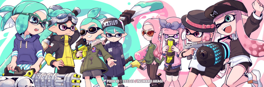 .52_gal_(splatoon) 4boys 4girls :| arms_up artist_name bangs baseball_cap black_coat black_footwear black_hat black_neckwear black_pants black_sweater blue_ribbon blue_shirt blunt_bangs bracelet brown_pants clenched_hand closed_mouth clothes_writing commentary_request domino_mask dress_shirt dynamo_roller_(splatoon) e-liter_4k_(splatoon) eyebrows_visible_through_hair glasses goggles goggles_on_head green-framed_eyewear green_coat green_eyes green_hair grey_shorts grin hair_ribbon hair_slicked_back hand_in_pocket hand_on_hip hat hat_ribbon heavy_splatling_(splatoon) hero_shot_(splatoon_2) holding holding_weapon hood hoodie inkling inkling_(language) inumaru_akagi jacket jewelry leg_up long_sleeves looking_at_another mask multiple_boys multiple_girls n-zap_(splatoon) necktie octobrush_(splatoon) one_eye_closed open_mouth over-rim_eyewear over_shoulder paint_splatter pants pink_eyes pink_hair pixiv_id pointy_ears ribbon scrunchie semi-rimless_eyewear shirt shoes short_ponytail shorts single_vertical_stripe smile sparkle splatoon splatoon_2 standing standing_on_one_leg sweater tan tentacle topknot violet_eyes weapon weapon_over_shoulder weapon_request white_footwear white_pupils white_shirt yellow-framed_eyewear yellow_jacket