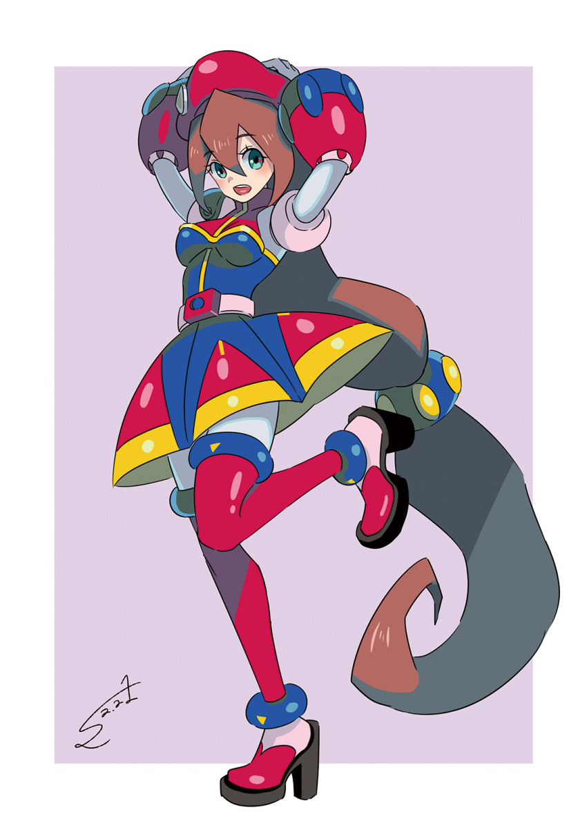 1girl adapted_costume android belt beret blush boots border breasts brown_hair dress eyebrows_visible_through_hair full_body hair_between_eyes hand_on_head hand_on_headwear hand_on_own_head hat high_heels highres iris_(rockman_x) long_hair looking_at_viewer looking_to_the_side low-tied_long_hair medium_breasts one_leg_raised open_mouth outside_border red_hat rockman rockman_x rockman_x4 signature solo standing sumomo teeth thigh-highs thigh_boots very_long_hair white_border