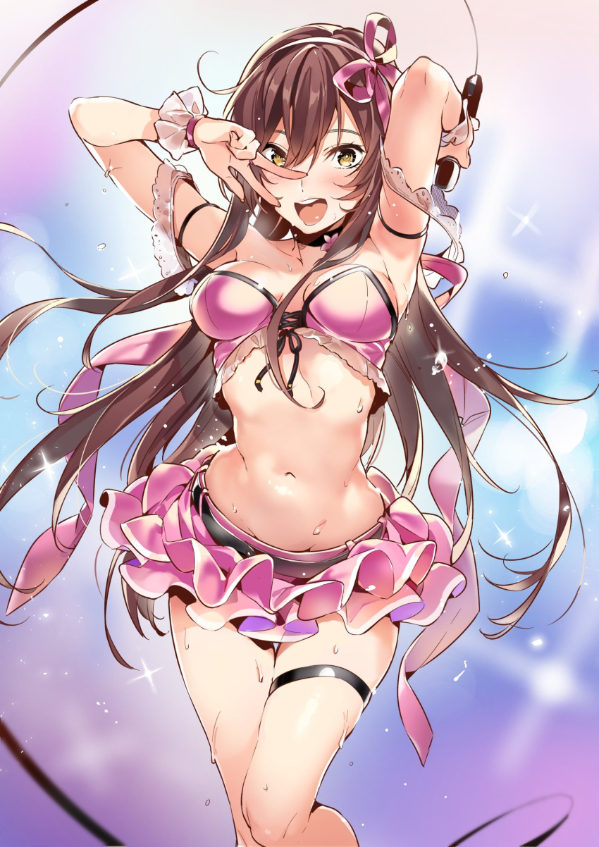 1girl arm_up armband armpits bangs bare_shoulders blush bow breasts brown_hair choker eyebrows_visible_through_hair flying_sweatdrops hair_between_eyes hairband hand_gesture highres hips idolmaster idolmaster_shiny_colors long_hair looking_at_viewer medium_breasts microphone navel oosaki_amana open_mouth pink_bow pink_skirt skirt smile solo sparkle sweat thigh_strap thighs w waist yellow_eyes yuran