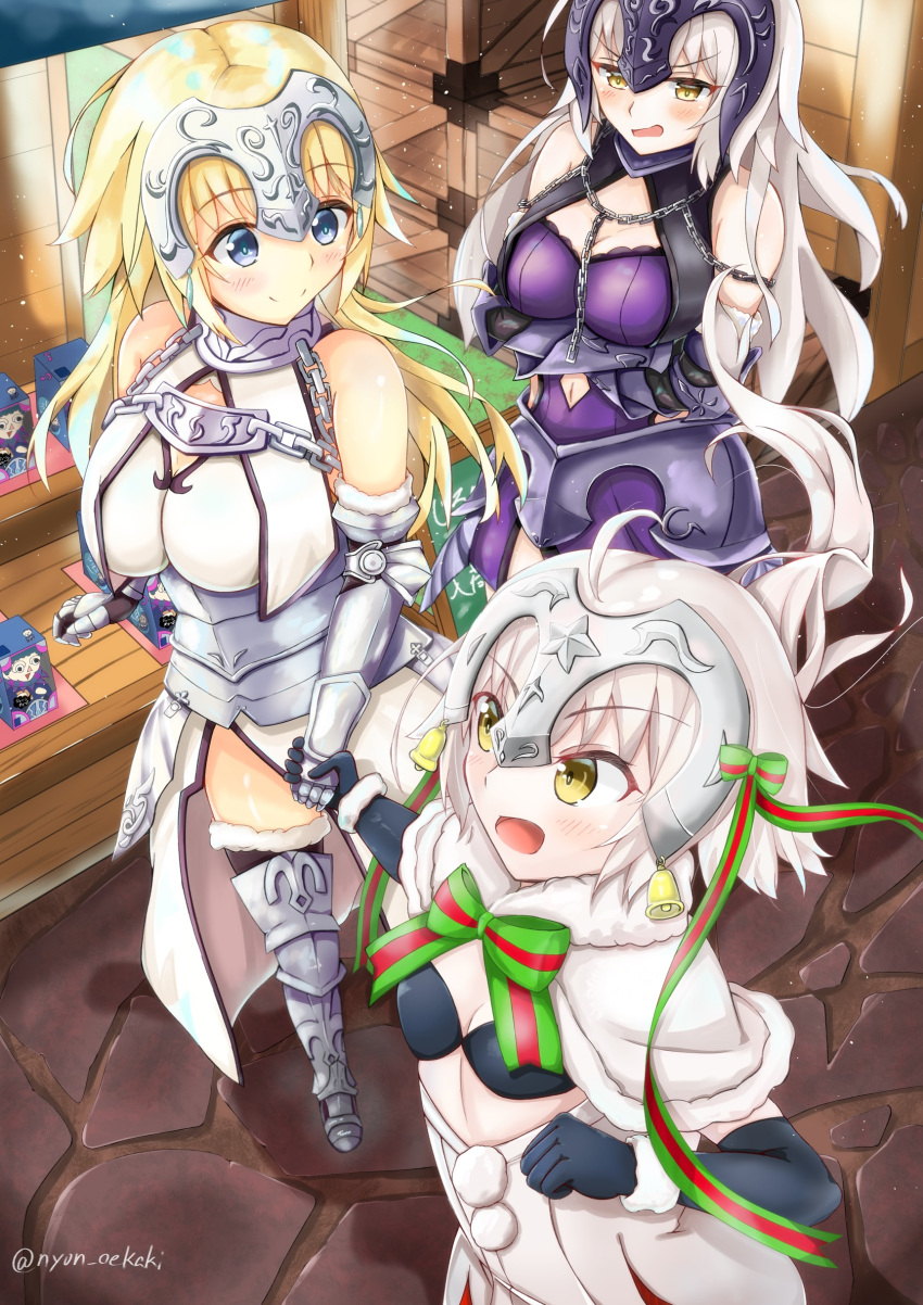 3girls :o absurdres ahoge armor armored_dress bell black_bikini_top black_gloves blonde_hair blue_eyes blush bow breasts capelet caster_(fate/zero) chains cleavage cleavage_cutout commentary_request crossed_arms elbow_gloves fate/grand_order fate_(series) fur-trimmed_capelet fur_trim gauntlets gloves green_bow green_ribbon hand_holding headpiece highres jeanne_d'arc_(alter)_(fate) jeanne_d'arc_(fate) jeanne_d'arc_(fate)_(all) jeanne_d'arc_alter_santa_lily large_breasts long_hair multiple_girls navel navel_cutout nyoon ribbon silver_hair small_breasts smile striped striped_bow striped_ribbon white_capelet yellow_eyes