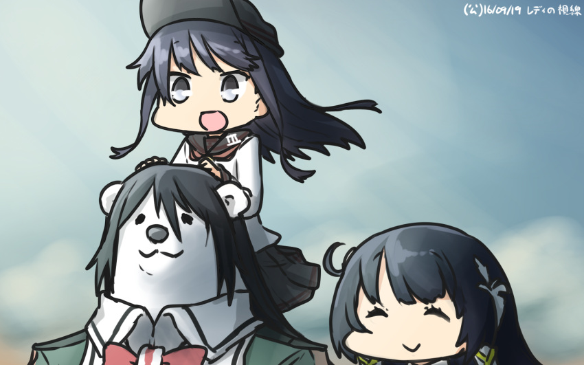 2girls ^_^ akatsuki_(kantai_collection) animalization bear black_hair box chikuma_(kantai_collection) closed_eyes commentary_request dated flat_cap hair_tubes hamu_koutarou hat highres kantai_collection long_hair mizuho_(kantai_collection) multiple_girls neckerchief school_uniform serafuku sky