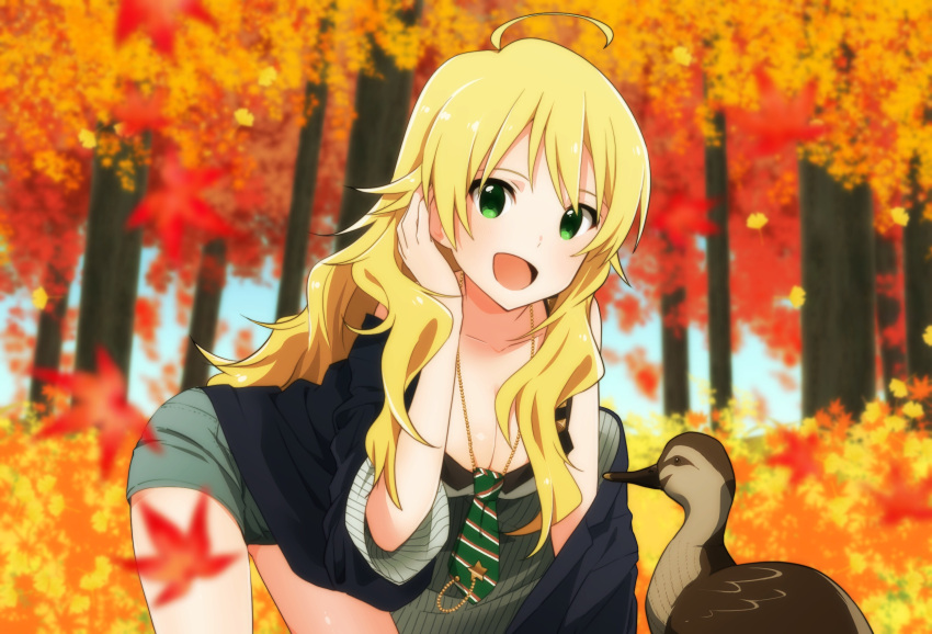 1girl :d ahoge ako_(antoraacoyu0214) autumn autumn_leaves bangs bent_over bird black_shirt blonde_hair blurry blurry_background blurry_foreground breasts cleavage cowboy_shot day depth_of_field duck green_eyes grey_shorts hand_in_hair highres hoshii_miki idolmaster jacket jacket_removed jewelry long_hair long_sleeves looking_at_viewer medium_breasts necklace open_mouth outdoors pose shirt short_shorts shorts smile solo standing tree