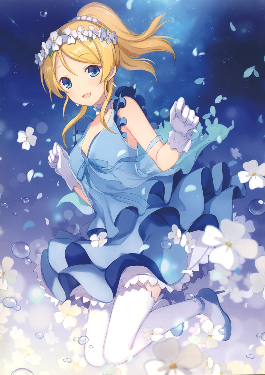 1girl 6u_(eternal_land) absurdres ayase_eli blonde_hair blue_dress blue_eyes breasts choker collarbone dress earrings full_body head_wreath high_heels highres jewelry long_hair looking_at_viewer love_live! love_live!_school_idol_project medium_breasts open_mouth petals ponytail scan sleeveless solo white_legwear