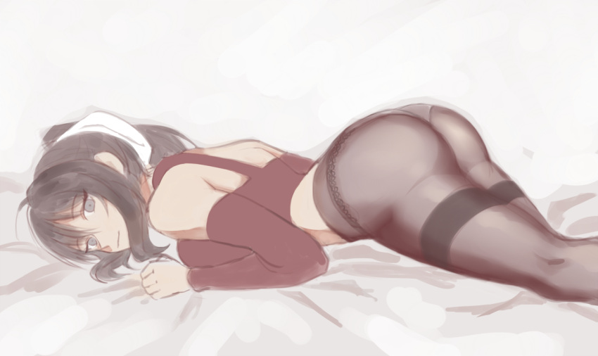 1girl artist_request ass black_hair blue_eyes bow breasts closed_mouth hair_bow large_breasts long_hair lying no_pants noihara_himari omamori_himari on_stomach panties panties_under_pantyhose pantyhose ponytail solo underwear white_bow