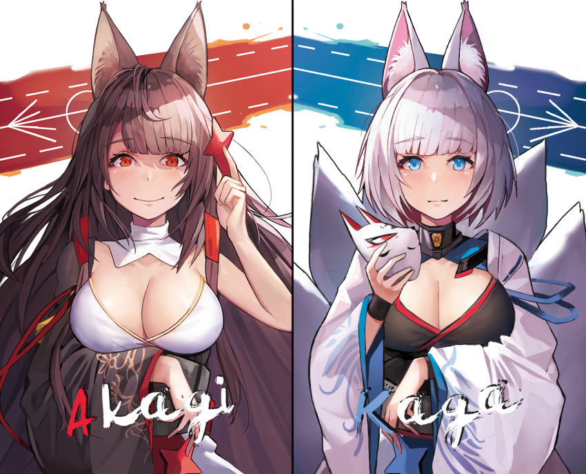1girl 2girls akagi_(azur_lane) animal_ears arm_under_breasts azur_lane bangs blue_eyes blunt_bangs blush breasts brown_hair character_name cleavage eto_(nistavilo2) eyebrows_visible_through_hair fox_ears fox_mask fox_tail gloves highres holding japanese_clothes kaga_(azur_lane) large_breasts long_hair looking_at_viewer mask multiple_girls multiple_tails red_eyes rigging shikigami short_hair sidelocks skirt smile solo tail upper_body white_hair wide_sleeves wristband