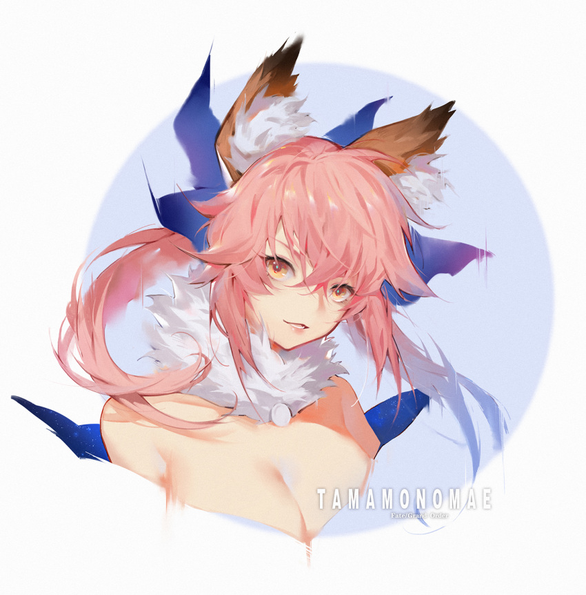 1girl animal_ears bare_shoulders blue_bow bow breasts character_name cleavage copyright_name fate/extra fate_(series) fox_ears hair_between_eyes hair_bow highres large_breasts long_hair long_sleeves looking_at_viewer parted_lips pink_hair smile sola7764 solo tamamo_(fate)_(all) tamamo_no_mae_(fate) upper_body yellow_eyes