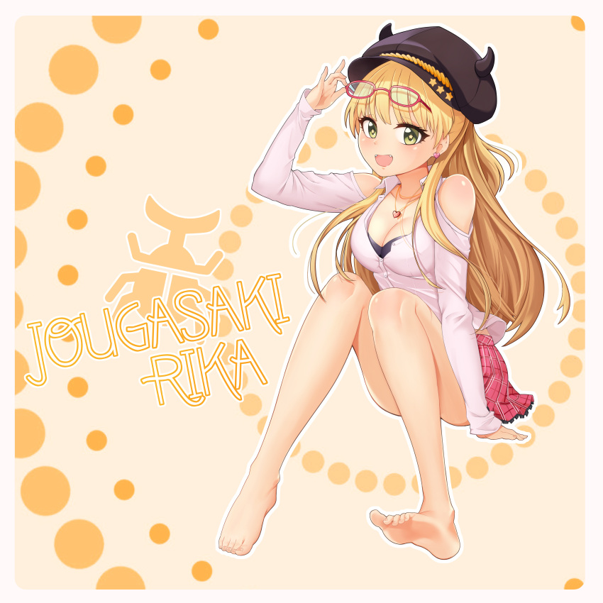 1girl :d absurdres arm_up bangs barefoot black_hat blonde_hair blush breasts character_name cleavage collarbone earrings eyewear_on_head fangs feet full_body glasses green_eyes hand_up hat heart heart_earrings highres horned_headwear hpb8642 idolmaster idolmaster_cinderella_girls jewelry jougasaki_rika lips long_hair long_sleeves looking_at_viewer medium_breasts older open_mouth outline plaid plaid_skirt red-framed_eyewear red_skirt skirt sleeves_past_wrists smile solo star star-shaped_pupils symbol-shaped_pupils white_outline