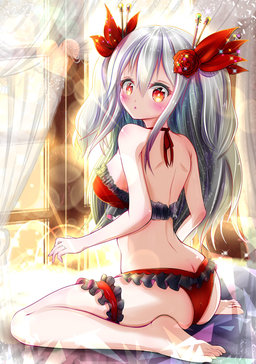 1girl absurdres ass azur_lane bangs bare_arms bare_shoulders barefoot blush bra breasts butt_crack commentary_request curtains day emurume eyebrows_visible_through_hair fingernails flower frilled_bra frilled_panties frills glint hair_between_eyes hair_flower hair_ornament hair_ribbon halter_top halterneck heart highres indoors jewelry leg_garter long_hair looking_at_viewer looking_back medium_breasts panties red_bra red_eyes red_flower red_panties red_ribbon red_rose ribbon ring rose shiny shiny_hair shiny_skin shoulder_blades silver_hair soles solo sparkle sunlight transparent underwear underwear_only vampire_(azur_lane) very_long_hair wedding_ring window