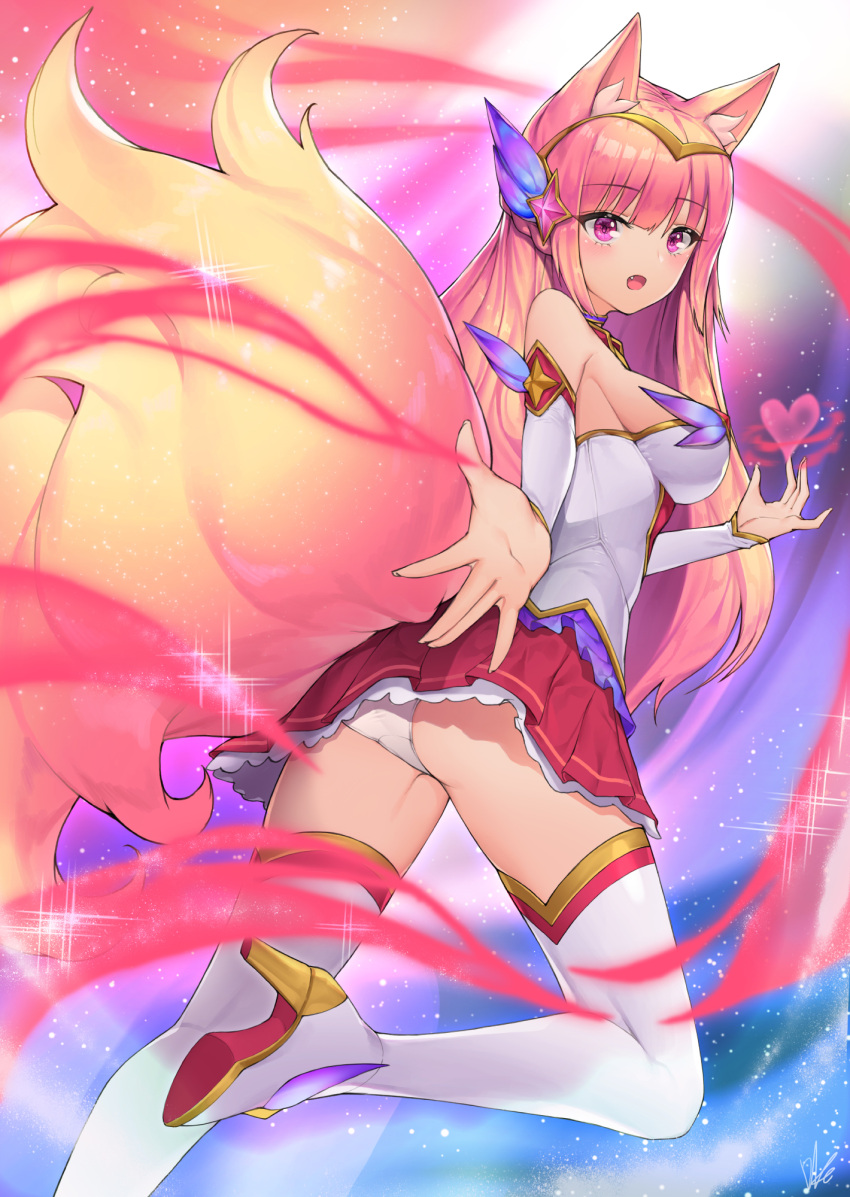 1girl :d ahri animal_ears ass bangs blonde_hair boots breasts commentary detached_sleeves eyebrows_visible_through_hair fang fingernails fox_ears fox_girl fox_tail hair_between_eyes hair_ornament heart high_heel_boots high_heels highres kitsune large_breasts league_of_legends lee_seok_ho long_hair long_sleeves open_mouth panties pleated_skirt red_skirt shirt skirt smile solo sparkle standing standing_on_one_leg tail thigh-highs thigh_boots underwear very_long_hair violet_eyes white_footwear white_legwear white_panties white_shirt