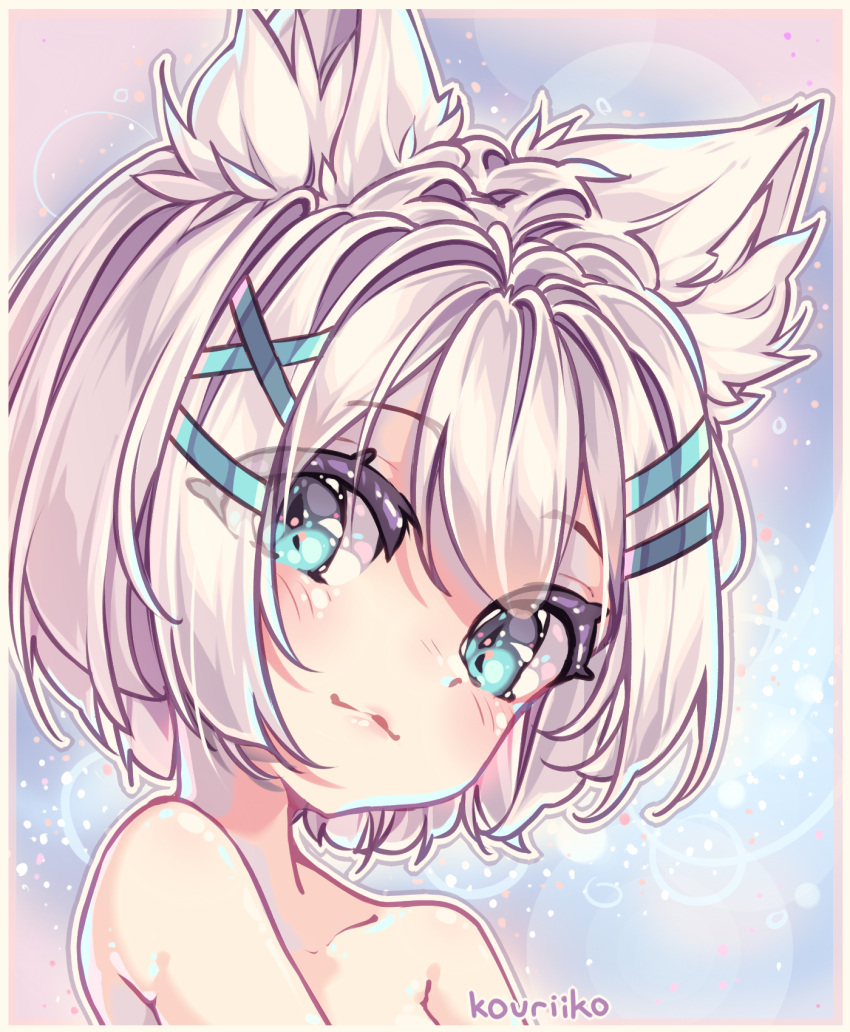 animal_ears artist_name bare_shoulders blue_eyes border collarbone eyebrows_visible_through_hair hair_ornament hairclip head_tilt highres kouriiko looking_at_viewer looking_to_the_side md5_mismatch original portrait resized short_hair smile upscaled white_hair
