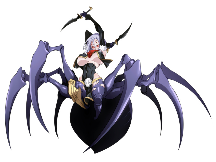 1girl absurdres arachne assassin breasts carapace commentary covered_mouth covered_navel detached_sleeves dual_wielding erect_nipples extra_eyes full_body fur_trim hair_between_eyes highres insect_girl knife large_breasts lavender_hair leeloo_dallas monster_girl monster_musume_no_iru_nichijou multiple_legs no_bra pelvic_curtain rachnera_arachnera reverse_grip short_hair simple_background skull_belt solo spider_girl under_boob white_background