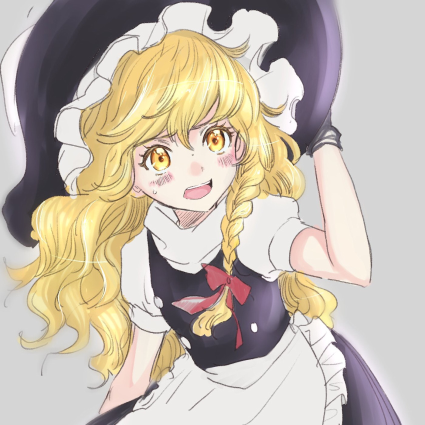1girl apron black_gloves black_hat blonde_hair blush bow braid commentary_request frilled_apron frills gloves grey_background hair_between_eyes hair_bow hand_on_headwear hand_up hat highres kirisame_marisa long_hair looking_at_viewer open_mouth puffy_short_sleeves puffy_sleeves red_bow rosette_(roze-ko) short_sleeves simple_background single_braid solo touhou upper_body waist_apron wavy_hair white_apron witch_hat yellow_eyes