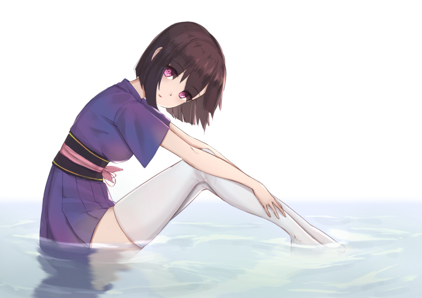 1girl bangs brown_hair commentary_request dress eyebrows_visible_through_hair hair_between_eyes hands_on_legs head_tilt highres jilu looking_at_viewer looking_to_the_side no_shoes obi original pleated_dress purple_dress sash short_hair short_sleeves sitting solo thigh-highs violet_eyes water white_background white_legwear