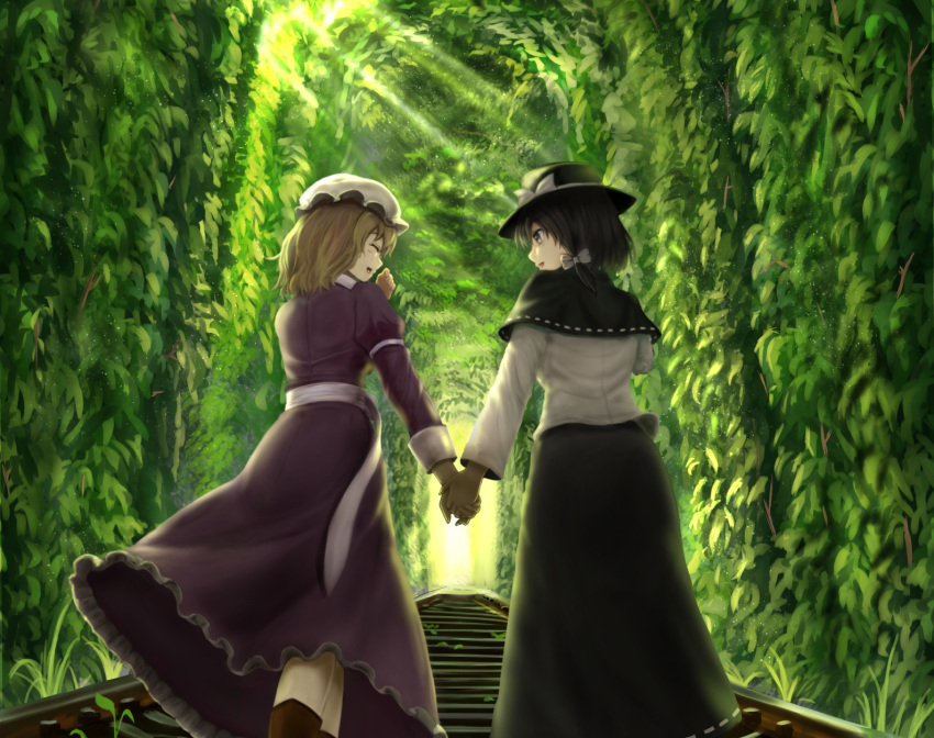 2girls alternate_hair_length alternate_hairstyle armband black_capelet black_skirt blonde_hair boots brown_eyes brown_hair capelet commentary_request cropped_legs day dress facing_another forest from_behind from_below hair_ribbon hand_holding hand_to_own_face hat hat_ribbon highres knee_boots light_rays long_sleeves looking_at_another luke_(kyeftss) maribel_hearn medium_hair mob_cap multiple_girls nature outdoors purple_dress ribbon sash shirt short_hair skirt stairs stone_stairs sunbeam sunlight touhou tress_ribbon usami_renko walking_away white_shirt