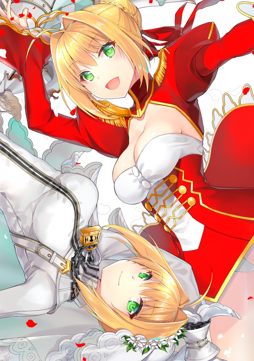 2girls :d absurdres blonde_hair breasts bridal_veil cleavage commentary_request dual_persona fate/extra fate_(series) green_eyes hair_bun highres kagachi_saku lock multiple_girls nero_claudius_(bride)_(fate) nero_claudius_(fate) nero_claudius_(fate)_(all) open_mouth petals rose_petals smile veil