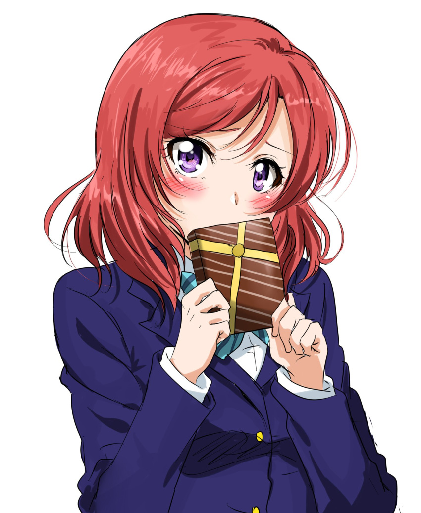 1girl blazer blue_neckwear blush bow bowtie box commentary_request covering_mouth gift gift_box highres holding holding_box holding_gift jacket long_sleeves looking_at_viewer love_live! love_live!_school_idol_project medium_hair nishikino_maki otonokizaka_school_uniform redhead shogo_(4274732) simple_background sketch solo striped_neckwear upper_body valentine violet_eyes white_background