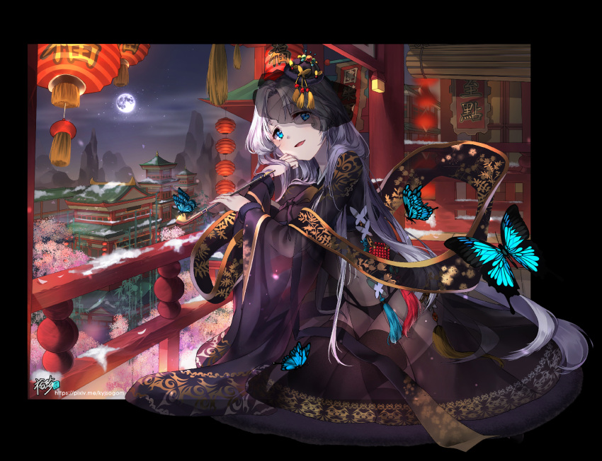 1girl :d animal architecture bangs black_border black_hat black_kimono black_legwear black_panties blue_eyes blush border bug butterfly cityscape clouds cloudy_sky commission east_asian_architecture eyebrows_visible_through_hair flower full_moon fur-trimmed_sleeves fur_trim hat highres holding holding_pipe insect japanese_clothes kimono kiseru kyjsogom lantern long_hair long_sleeves looking_at_viewer looking_to_the_side mini_hat moon mountain navel night night_sky open_mouth original outside_border panties paper_lantern parted_bangs pink_flower pipe railing see-through silver_hair sky smile snow solo star_(sky) starry_sky thigh-highs tree underwear veil very_long_hair watermark web_address wide_sleeves