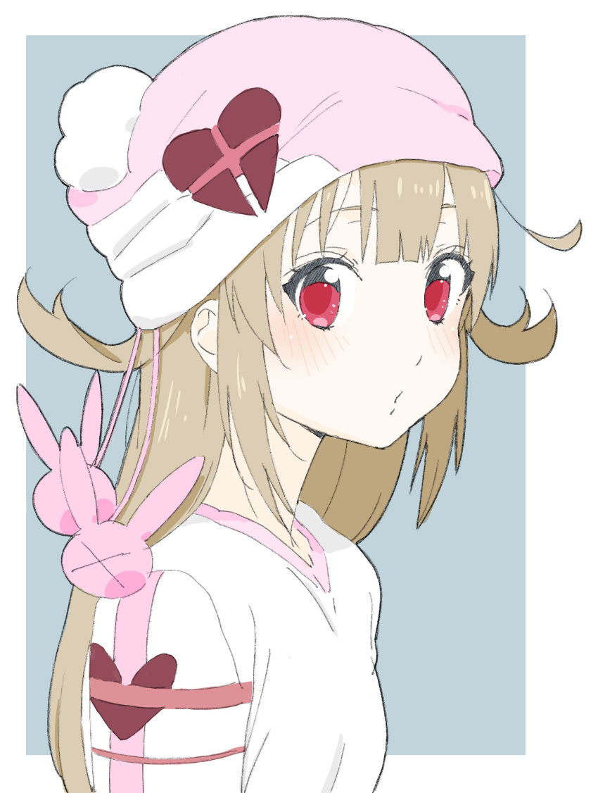 1girl absurdres alternate_costume beanie blouse blush donguri_suzume from_side hat heart highres light_brown_hair long_hair looking_at_viewer nail_polish natori_sana parted_lips red_nails sana_channel solo two_side_up virtual_youtuber