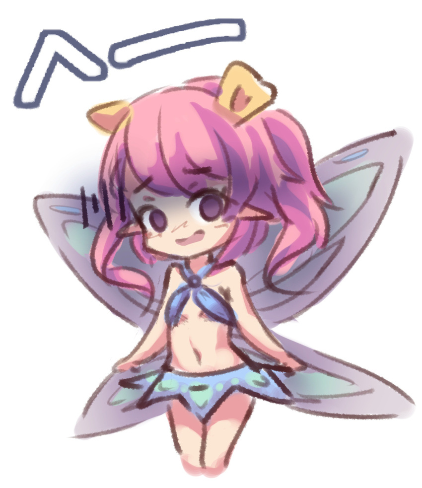 1girl absurdres chibi commentary empty_eyes english_commentary fairy fairy_wings gloom_(expression) highres koagzero long_hair looking_at_viewer pink_hair pointy_ears rabi-ribi ribbon_(rabi-ribi) simple_background solo twintails violet_eyes white_background wings