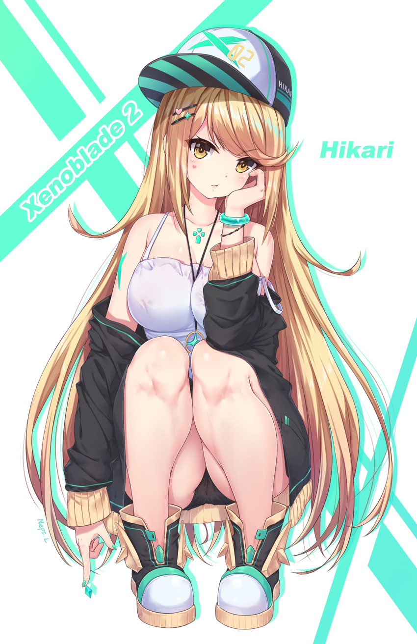 1girl bare_shoulders black_panties blonde_hair blush bracelet breasts character_name cleavage collarbone copyright_name crop_top hat highres mythra_(xenoblade) jewelry large_breasts long_hair looking_at_viewer necklace neps-l panties solo sweater underwear very_long_hair xenoblade_(series) xenoblade_2 yellow_eyes
