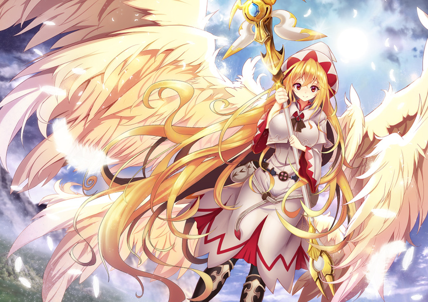 1girl absurdly_long_hair alternate_costume alternate_wings angel_wings bangs belt belt_pouch black_legwear black_ribbon blonde_hair blue_sky boots breasts clouds cosplay day dress dutch_angle feathered_wings feathers final_fantasy hair_between_eyes hat holding holding_staff knee_boots layered_dress light_particles lily_white long_hair long_sleeves looking_at_viewer medium_breasts mountain neck_ribbon outdoors pantyhose red_eyes ribbon shiny shiny_hair sky smile solo staff sun touhou very_long_hair vest white_mage white_mage_(cosplay) white_vest wings wizard_hat z.o.b