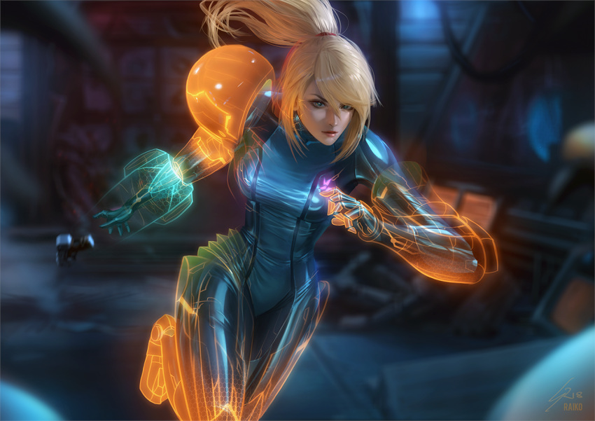 1girl arm_cannon blonde_hair blue_eyes blurry bodysuit depth_of_field glowing gun handgun looking_ahead metroid mole mole_under_mouth ponytail raikoart realistic revision running samus_aran serious solo transforming_clothes upper_body varia_suit weapon zero_suit