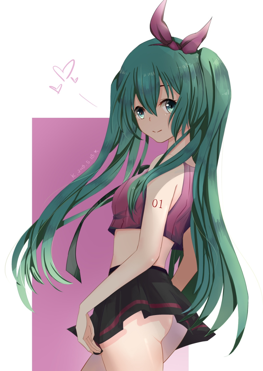 1girl ass cow crop_top dated from_side green_eyes green_hair hair_between_eyes hair_ribbon hatsune_miku highres long_hair looking_at_viewer midriff number_tattoo ribbon skirt smile solo tattoo twintails very_long_hair vocaloid