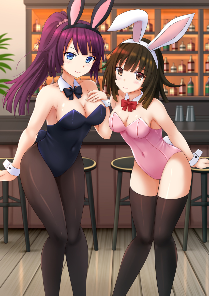 2girls alternate_costume animal_ears arm_behind_back arms_behind_back bakemonogatari bangs bar bare_shoulders black_bow black_legwear black_leotard black_neckwear black_pantyhose blue_eyes blurry blurry_background blush bottle bow bowtie breasts brown_eyes brown_hair brown_legwear bunny_girl bunny_tail bunnysuit cleavage closed_mouth commentary covered_navel depth_of_field detached_collar eyebrows_visible_through_hair fake_animal_ears female hand_on_own_chest hand_up high_ponytail highres indoors kazenokaze large_breasts leaning leaning_forward leotard long_hair looking_at_viewer medium_breasts monogatari_(series) multiple_girls pantyhose pink_leotard ponytail purple_hair rabbit_ears red_bow red_neckwear sengoku_nadeko senjougahara_hitagi shiny shiny_skin short_hair smile stool strapless strapless_leotard tail thigh-highs white_collar wooden_floor wrist_cuffs