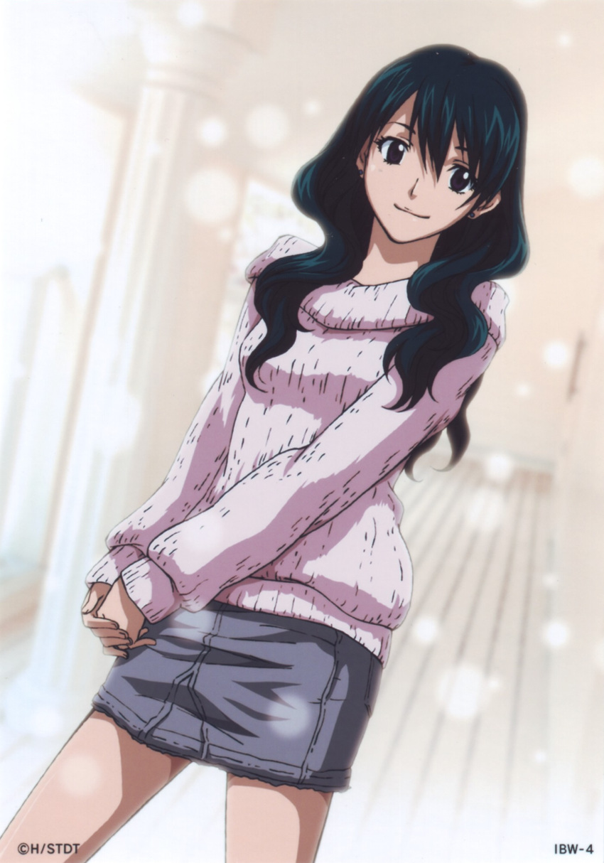 1girl black_hair breasts collarless_shirt d.gray-man denim denim_skirt earrings hair_between_eyes hallway hands_clasped highres jewelry lenalee_lee light_particles long_hair long_sleeves looking_at_viewer official_art own_hands_together scan skirt small_breasts smile solo stud_earrings sweater v_arms wavy_hair white_background