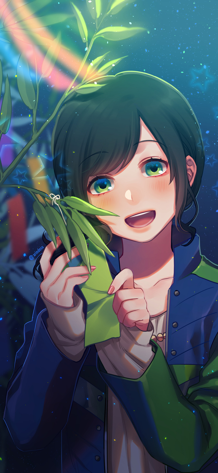 1girl absurdres collarbone green_eyes green_hair hammie_(uchuu_sentai_kyuuranger) highres jacket lips nail_polish open_mouth pink_nails plant rin2010 sleeves_past_wrists smile solo star super_sentai twitter_username uchuu_sentai_kyuuranger upper_body