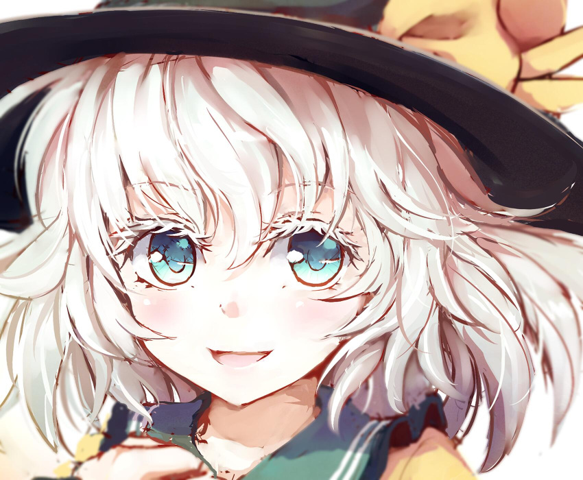 1girl :d bangs black_hat blue_eyes collared_shirt commentary dise eyebrows_visible_through_hair eyelashes face finger_gun hat highres komeiji_koishi light_blush looking_at_viewer open_mouth shirt short_hair simple_background smile solo touhou white_background white_eyelashes white_hair yellow_shirt