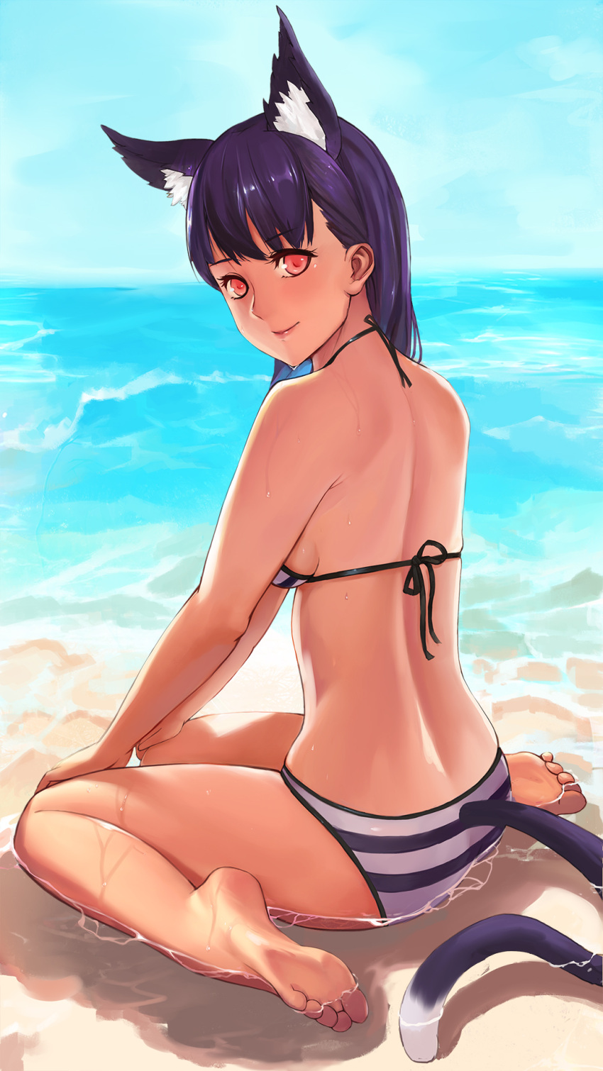 1girl animal_ears back barefoot beach bikini cat_ears cat_tail feet highres lips looking_at_viewer looking_back ocean original red_eyes sitting sky smile soles solo striped striped_bikini swimsuit tail toes wariza water wet wuguno_ziran_juan