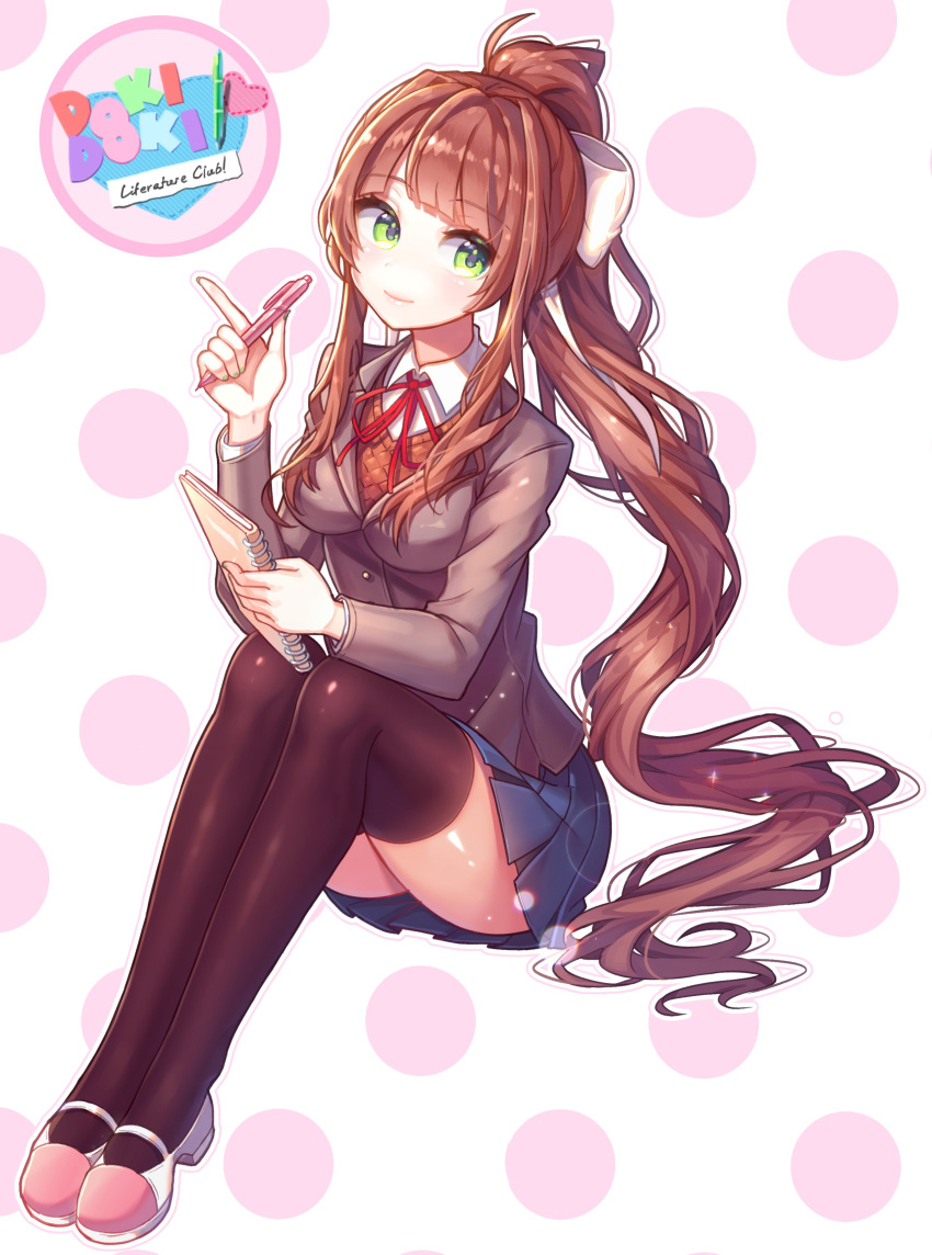 1girl absurdres black_legwear blue_skirt brown_hair chota93 commentary_request doki_doki_literature_club eyebrows_visible_through_hair full_body green_eyes hair_ribbon highres index_finger_raised korean_commentary long_hair looking_at_viewer monika_(doki_doki_literature_club) notepad outline pen pleated_skirt polka_dot polka_dot_background ponytail ribbon school_uniform shoes simple_background sitting skirt smile solo thigh-highs very_long_hair white_outline white_ribbon