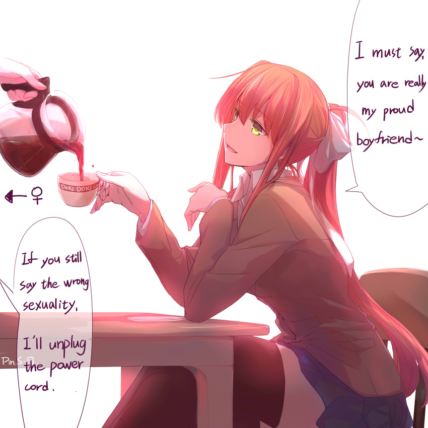 2girls absurdres artist_name blue_skirt bow brown_hair chair coffee coffee_mug coffee_pot cup doki_doki_literature_club elbows_on_table engrish green_eyes hard_translated highres long_hair looking_at_another looking_to_the_side monika_(doki_doki_literature_club) mug multiple_girls open_mouth out_of_frame pin.s ponytail pouring ranguage saucer school_uniform sitting skirt smile solo_focus speech_bubble table thigh-highs venus_symbol very_long_hair yuri