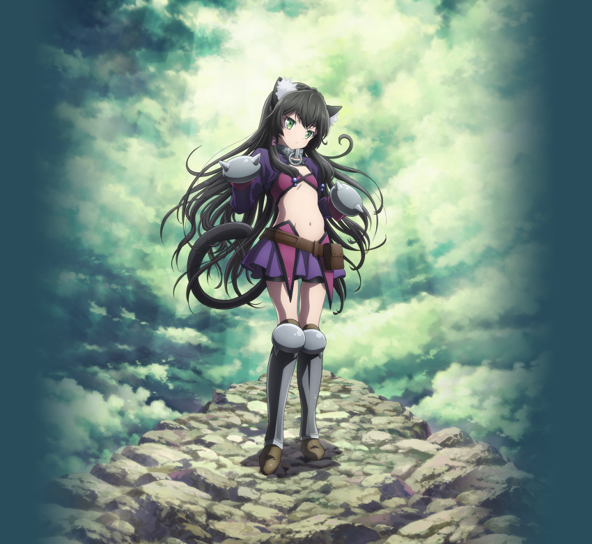 1girl animal_ears arm_up artist_request belt bike_shorts black_hair boots cat_ears cat_tail clouds collar commentary_request flat_chest full_body green_eyes highres isekai_maou_to_shoukan_shoujo_dorei_majutsu long_hair midriff miniskirt navel official_art outdoors purple_skirt rem_galeu shorts shorts_under_skirt skirt sky solo tail thigh-highs thigh_boots