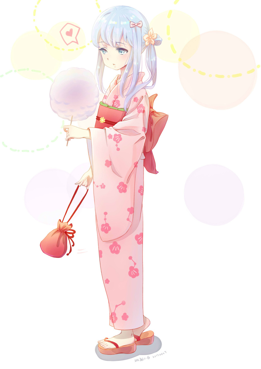 1girl artist_name blue_eyes bow cotton_candy dated eromanga_sensei full_body hair_bow heart highres izumi_sagiri japanese_clothes kimono medium_hair pink_kimono sandals silver_hair simple_background standing yukata zdl_xiaobai