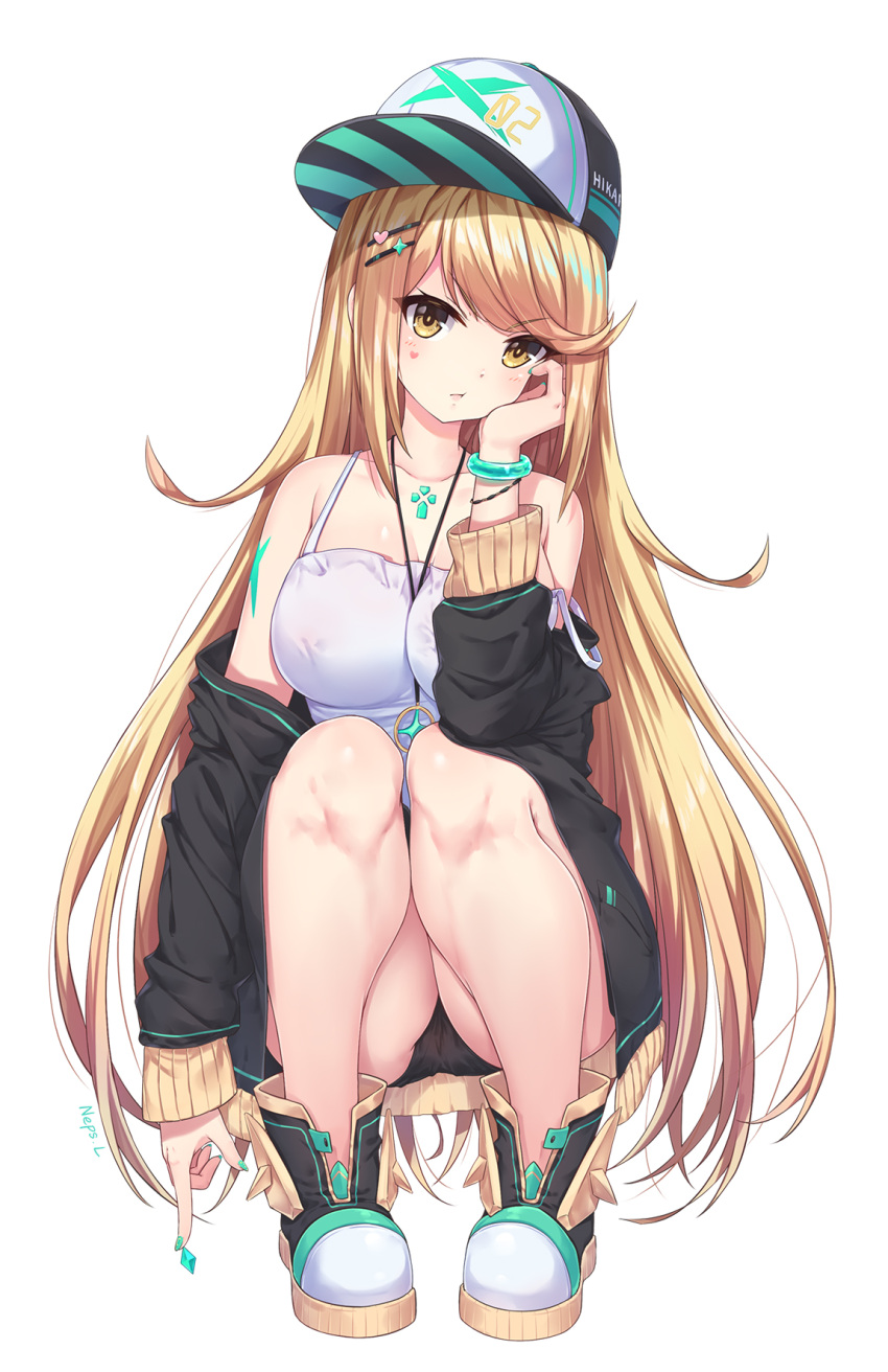 1girl bare_shoulders blonde_hair blush breasts clip full_body hair_ornament hat highres mythra_(xenoblade) jacket large_breasts long_hair looking_at_viewer neps-l shirt simple_background solo squatting very_long_hair white_background xenoblade_(series) xenoblade_2 yellow_eyes