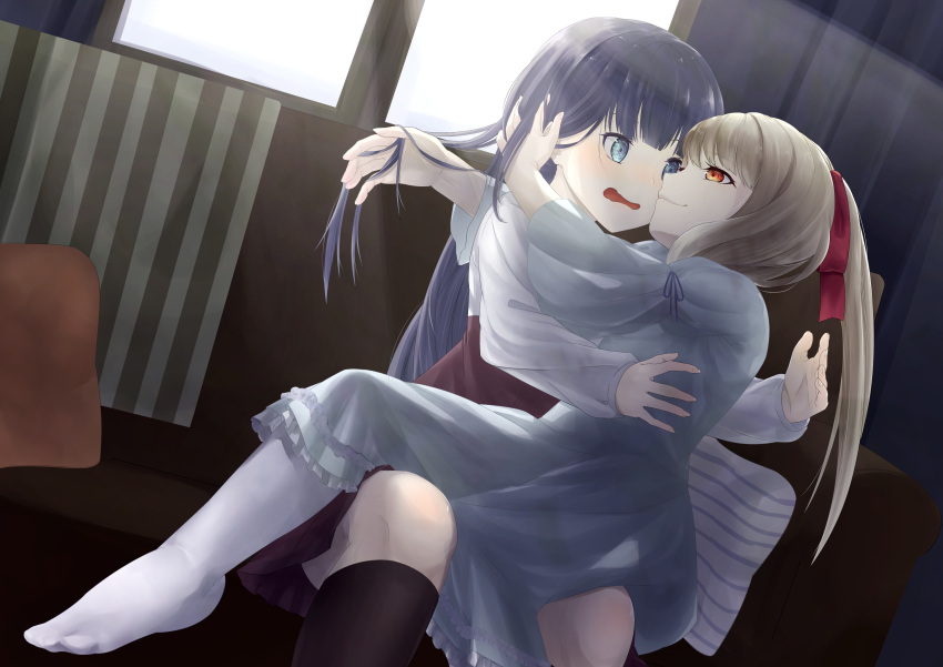 2girls absurdres black_hair black_legwear blue_dress blue_eyes blush dress hair_ribbon hand_in_another's_hair highres hug inside kneehighs light_brown_hair multiple_girls open_mouth orange_eyes original pantyhose pillow ponytail red_ribbon ribbon sitting sitting_on_lap sitting_on_person smile thiana0225 white_legwear window yuri