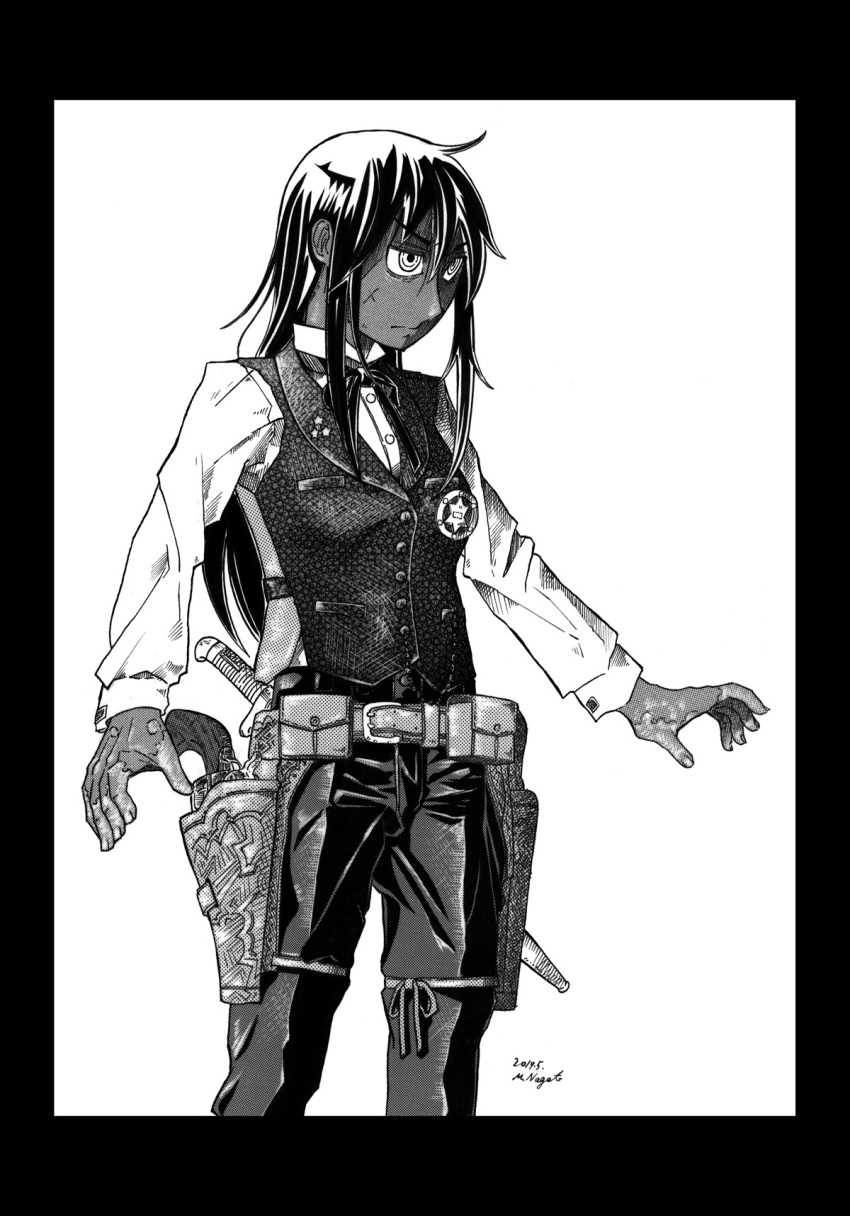 1girl belt commentary_request cowboy_shot cuff_links dark_skin facial_scar glaring greyscale gun handgun highres holstered_weapon long_hair marker_(medium) monochrome nagato_mikasa neckerchief nib_pen_(medium) original pants pistol revolver scar scar_on_cheek sheriff_badge shirt short_sword signature solo standing sword traditional_media vest weapon western white_background