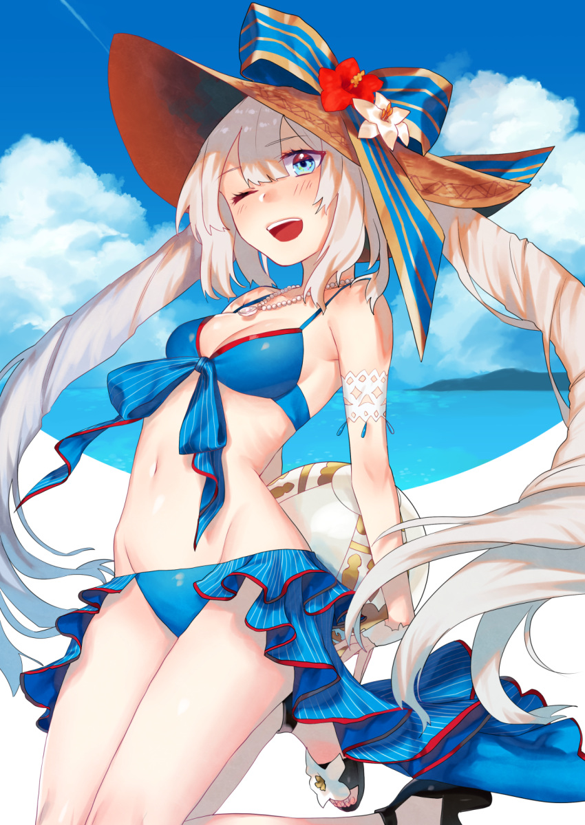 1girl ball beach beachball blue_eyes blush breasts clouds fate/grand_order fate_(series) grey_hair hat highres jewelry marie_antoinette_(fate/grand_order) medium_breasts moegi0926 navel necklace one_eye_closed open_mouth smile solo swimsuit twintails