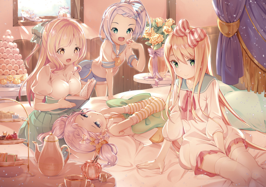 4girls :d :o arm_warmers blonde_hair blue_eyes book bow breasts brown_eyes flat_chest flower food glass_slipper green_eyes green_skirt hair_bow highres inside leaning_forward long_hair lying macaron medium_breasts multiple_girls on_back on_bed open_mouth original pillow pink_hair school_uniform shoes_removed short_ponytail short_twintails skirt smile standing striped striped_bow teapot thiana0225 thigh-highs tiered_tray twintails vase white_legwear window