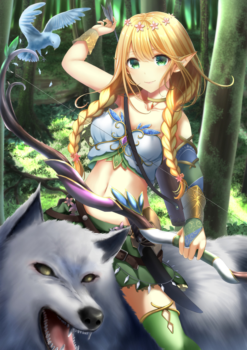 1girl absurdres animal arm_up arrow bangs bare_shoulders bird blonde_hair bow_(weapon) braid bridal_gauntlets closed_mouth collarbone commentary_request crop_top day elf eyebrows_visible_through_hair flower forest green_eyes green_skirt hair_between_eyes hair_flower hair_ornament highres holding holding_arrow holding_bow_(weapon) holding_weapon long_hair looking_at_viewer low_twintails nature navel open_mouth original outdoors pink_flower pointy_ears riding sharp_teeth single_bridal_gauntlet skirt smile solo teeth twin_braids twintails very_long_hair weapon wolf yellow_eyes yukimochi_kinako