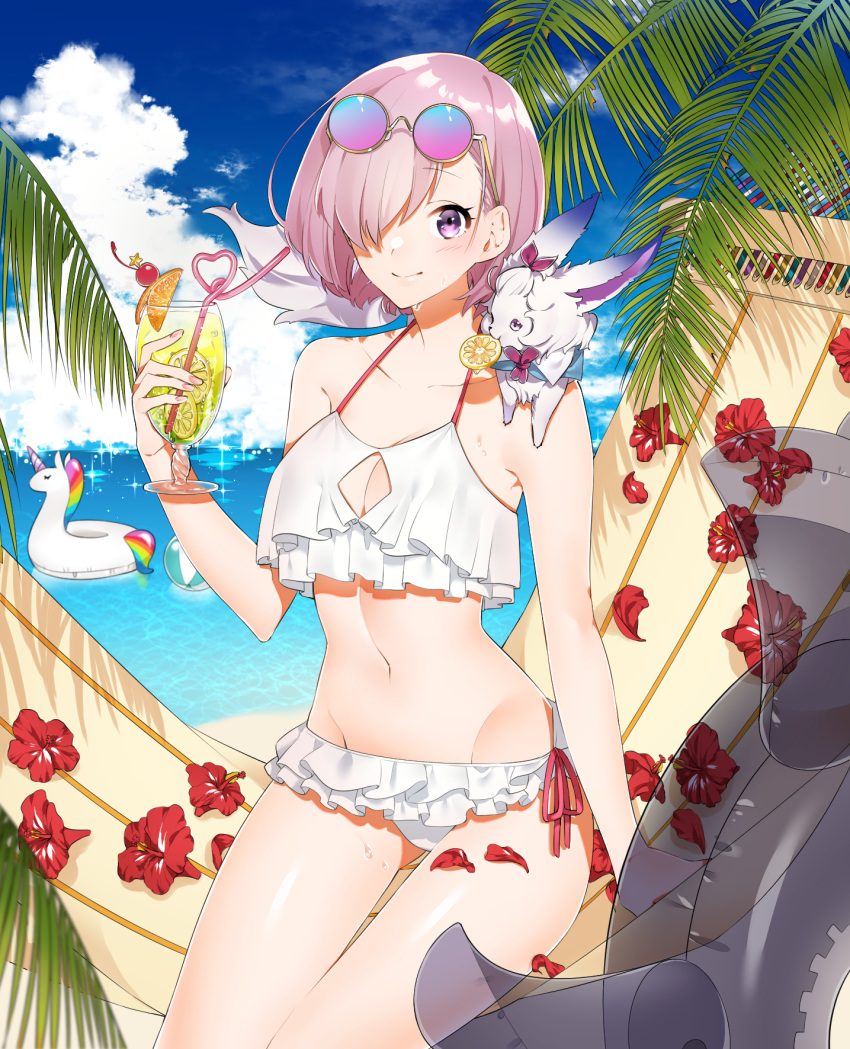 1girl animal animal_on_shoulder bikini blue_sky breasts cleavage cleavage_cutout clouds collar collarbone cup day drinking_glass drinking_straw eyebrows_visible_through_hair eyewear_on_head fate/grand_order fate_(series) flower fou_(fate/grand_order) frilled_bikini frills groin hair_over_one_eye halterneck hibiscus highres holding holding_drinking_glass looking_at_viewer mash_kyrielight navel ocean outdoors pink_hair red_flower red_ribbon ribbon round_eyewear shiny shiny_hair short_hair side-tie_bikini sino42 sky smile solo sparkle sunglasses swimsuit transparent violet_eyes white_bikini