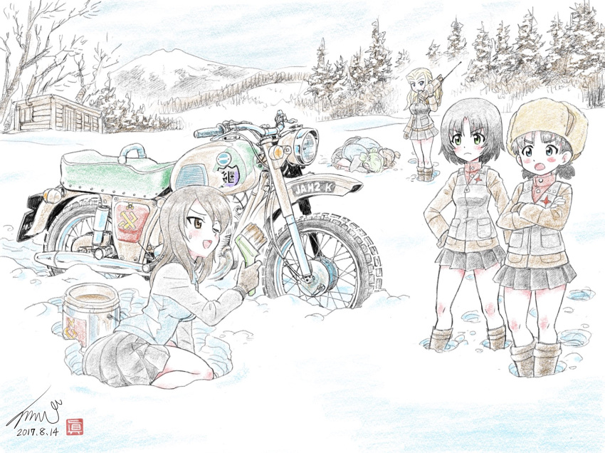 6+girls aki_(girls_und_panzer) alina_(girls_und_panzer) angry bangs bare_tree black_footwear black_hair black_skirt black_vest blonde_hair blue_jacket blue_skirt blush_stickers boots bowing brown_eyes brown_hair brown_hat clara_(girls_und_panzer) closed_mouth commentary crossed_arms day emblem eyebrows_visible_through_hair frown fur_hat girls_und_panzer green_jacket ground_vehicle hand_on_hip hat highres holding jacket keizoku_(emblem) keizoku_military_uniform kubota_shinji log_cabin long_hair long_sleeves looking_at_another mika_(girls_und_panzer) mikko_(girls_und_panzer) military military_uniform miniskirt motor_vehicle motorcycle mountain multiple_girls nina_(girls_und_panzer) no_hat no_headwear one_eye_closed open_mouth outdoors paint_can paintbrush pleated_skirt pravda_(emblem) pravda_military_uniform raglan_sleeves red_shirt seiza shirt short_hair short_twintails sitting skirt snow sweatdrop theft track_jacket tree turtleneck twintails uniform ushanka vehicle_request vest walkie-talkie yokozuwari