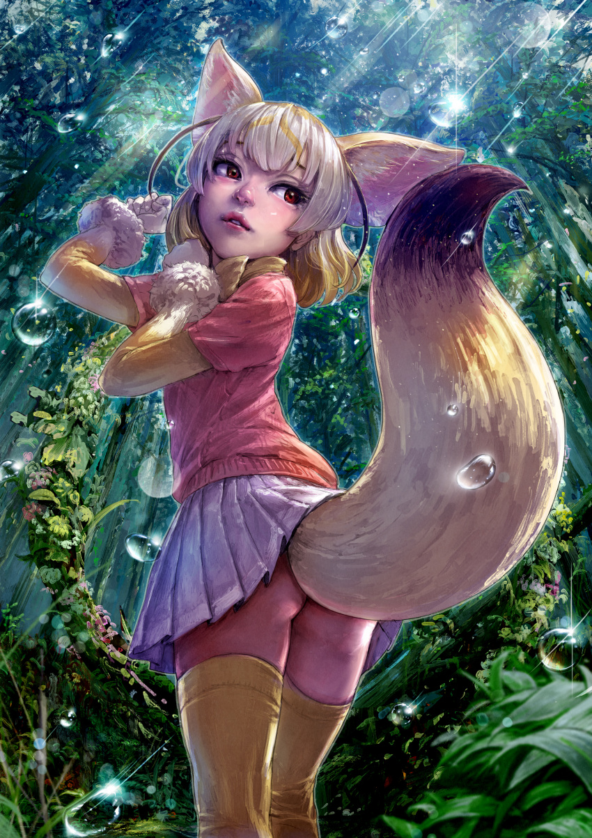1girl absurdres animal_ears ass blonde_hair day extra_ears fennec_(kemono_friends) forest fox_ears fox_tail fur_trim gloves highres kemono_friends miniskirt nature no_panties outdoors pleated_skirt red_eyes short_sleeves skirt solo tail takami_masahiro thigh-highs water_drop white_gloves white_skirt yellow_legwear yellow_neckwear