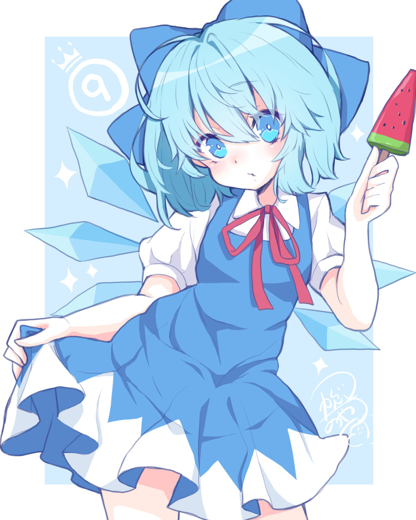(9) 1girl absurdres ayakabu blue_eyes blue_hair bow cirno food hair_between_eyes hair_bow highres looking_at_viewer popsicle short_hair skirt_hold solo touhou watermelon_bar