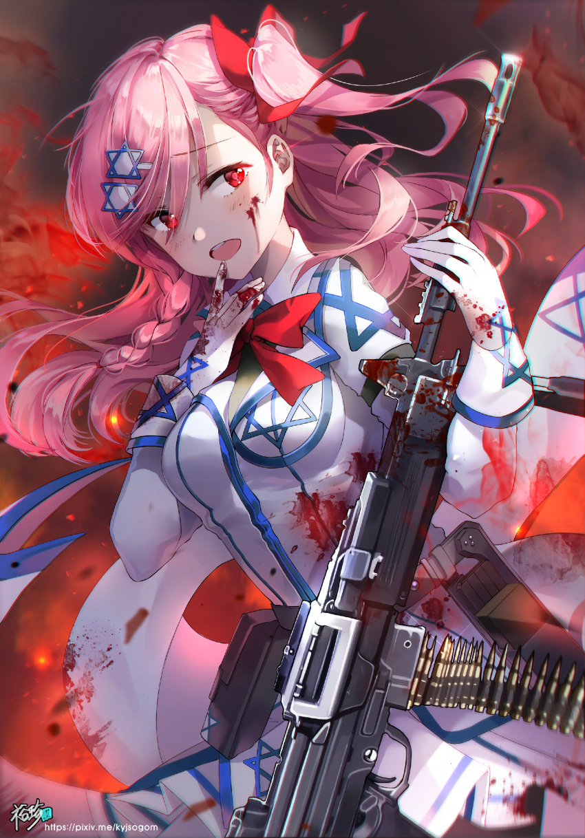 1girl absurdres ammunition_belt artist_name asymmetrical_hair bangs black_legwear blood blood_on_face bloody_clothes blush bow braid breasts brush buttons collared_jacket eyebrows_visible_through_hair finger_to_mouth fire floating_hair girls_frontline gloves glowing glowing_eyes grey_shirt gun hair_between_eyes hair_bow hair_ornament hair_ribbon hairclip hexagram highres holding holding_weapon imi_negev israel kyjsogom light_particles long_hair looking_at_viewer machine_gun medium_breasts mid-stride negev negev_(girls_frontline) open_mouth pink_hair pleated_skirt red_bow red_eyes ribbon ruins shirt side_braid sidelocks skirt smile smirk solo standing star_of_david weapon white_gloves white_skirt wind wind_lift