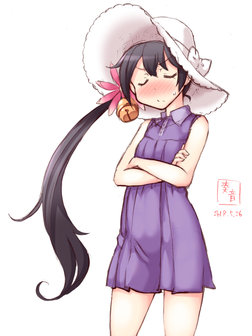 1girl akebono_(kantai_collection) alternate_costume artist_logo bell black_hair blush closed_eyes commentary_request cowboy_shot crossed_arms dated dress flower hair_bell hair_flower hair_ornament hat highres jingle_bell kanon_(kurogane_knights) kantai_collection long_hair purple_dress side_ponytail simple_background sleeveless sleeveless_dress solo sun_hat very_long_hair white_background white_hat