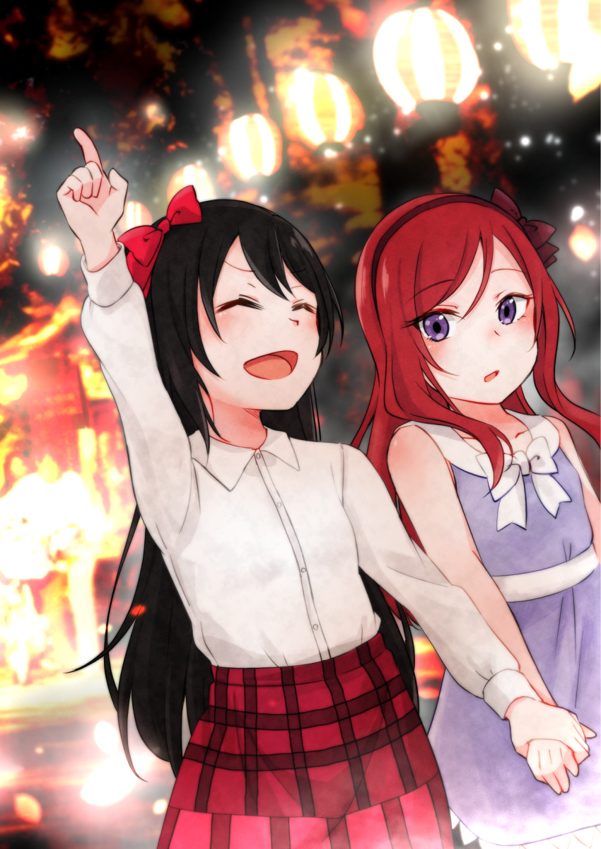 2girls :o ^_^ alternate_hair_length alternate_hairstyle arm_up black_hair bow bowtie closed_eyes collared_shirt commentary_request dress hair_bow hair_down hairband hand_holding highres lantern long_hair long_sleeves love_live! love_live!_school_idol_project multiple_girls night nishikino_maki open_mouth outdoors paper_lantern plaid plaid_skirt pointing pointing_up purple_dress red_bow red_skirt redhead rurika_seijin shirt skirt smile white_neckwear white_shirt yazawa_nico younger